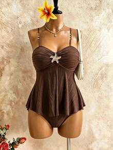 Swim Lushoire Plus Size Halter Bikini Made Of Wavy Fabric, Mature Minimalist European And American Style Swimwear - Brown - View 8