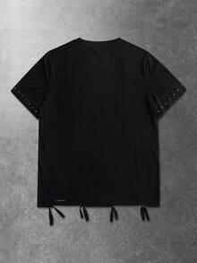 ROMWE MEN Goth Men's Street American Cross Rhinestone Distressed Hem Short Sleeve T-Shirt - Black - View 6