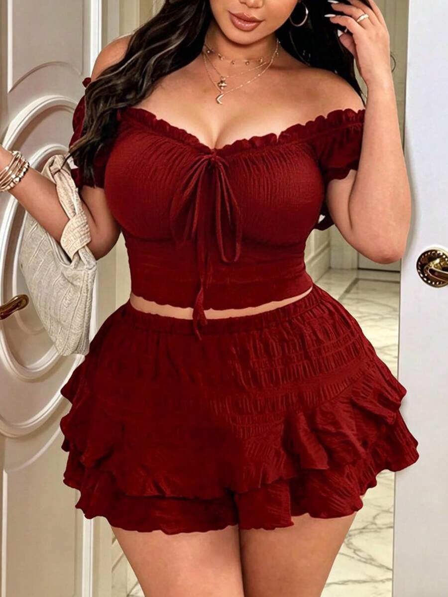 Plus Size Sexy Off-Shoulder Going Out Top & Shorts 2-Piece Set, Bow Decor, Casual Beach Vacation Outfit - Burgundy - View 1