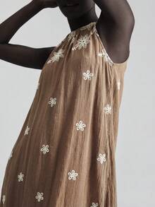Ontre Women's Brown Floral Embroidered A-Line Dress,Summer Boho Holiday Vacation Outfits,Sleeveless Round Neck Ruched Backstrap Modern Resort Cruise Wear - Multicolor - View 5