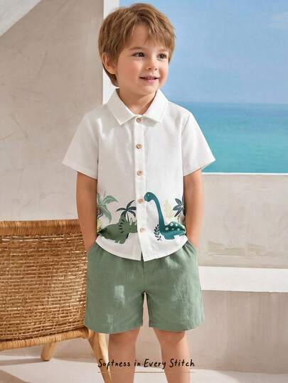 Cozy Pixies Set de 2 piezas para niño pequeño: Camisa de manga corta con cuello hawaiano y estampado de plantas y dinosaurios, y pantalones cortos cómodos y casuales para uso diario. Adecuado para primavera/verano, uso diario, deportes, salidas, escuela, fiestas, festivales, fotografía, vacaciones, playa.
