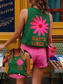DrmWander Women's Vacation Floral & Letter Print Round Neck Casual Tank Top, Fashionable Festival Outfits For Women Happy Vibes Outfit Women's Summer Outfits Vacay Outfits Women Pink Shorts Outfit - Dark Green - View 1