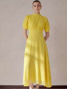 Aveloria Zanirela Đầm chiffon thanh lịch dành cho nữ với thiết kế xếp ly ở phần ngực, tay áo kiểu công chúa, thắt eo, chân váy xòe, màu trơn tối giản, đa năng cho công sở, tay dài. - Màu vàng - Xem 3
