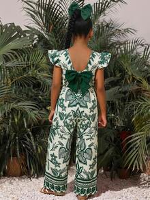 SHEIN 少女热带印花露背蝴蝶结连体裤 - 綠色 - 查看 1