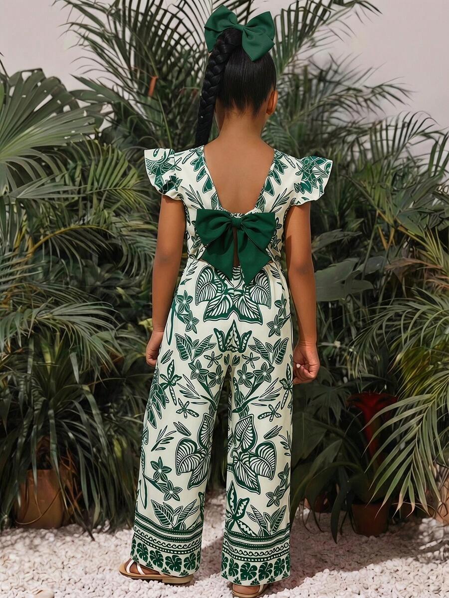SHEIN 少女热带印花露背蝴蝶结连体裤 - 綠色 - 查看 1