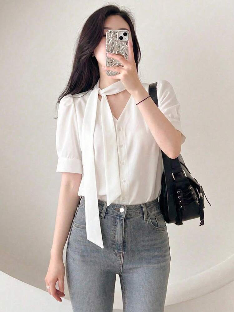 Women's Solid Color Minimalist Short Sleeve Shirt, Casual Everyday Wear