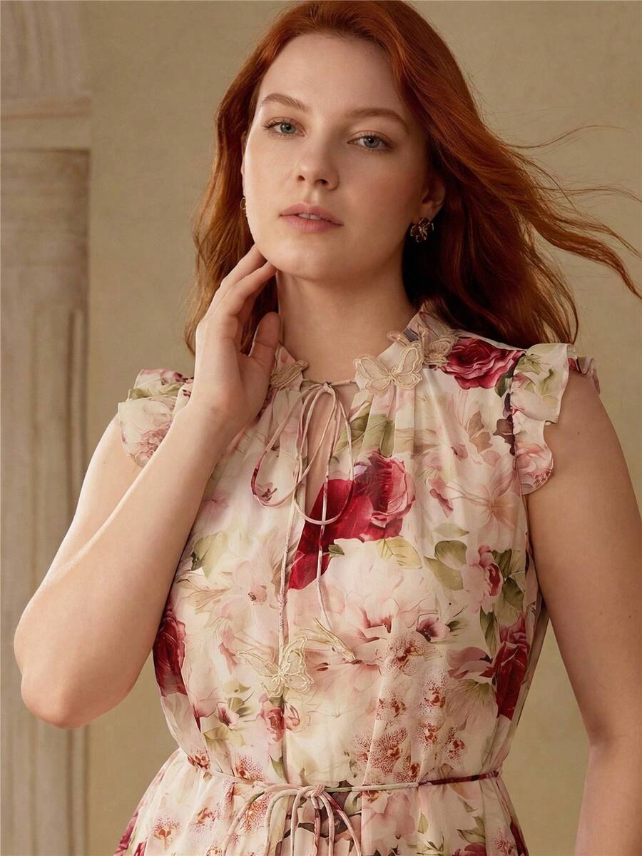 MOTF PREMIUM WOMEN'S PLUS CHIFFON FLORAL PRINTED RUFFLE HEM DRESS, SPRING/SUMMER - Pink - View 2