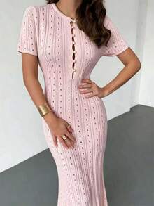 SHEIN Raffinéa Casual Fitted Round Neck Short Sleeve Knitted Half-Placket Button Design Hollow Knitted Fishtail Hem Apricot Color Women Spring/Summer Sweater Dress Ladies Dresses - Baby Pink - View 5