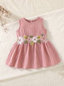 SHEIN 0-9M Newborn Baby Girls' Cute Floral Embroidered Sleeveless Cotton Dress, Suitable For Spring/Summer Vacation, Party, Photoshoot, School - Pink - View 3