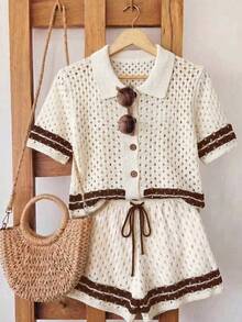 Franclia Bộ đồ thể thao mùa xuân/hè mới, màu mơ, chất liệu rỗng, cổ áo tương phản, dáng rộng, kiểu retro, chất liệu mềm mại, thoải mái, thiết kế cao cấp, áo cardigan cổ polo phối quần short dây rút dành cho nữ. - màu nâu - Xem 8