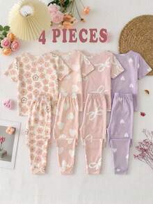 Bộ đồ mặc nhà 4 món cho bé gái, kiểu dáng tối giản, ôm sát, cổ tròn, tay ngắn và quần, thích hợp cho mùa xuân và mùa hè. - Nhiều màu - Xem 2