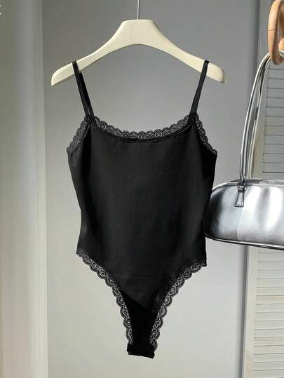 SHEIN PETITE CURVE Áo liền thân dây mảnh viền ren dành cho nữ cỡ lớn