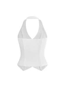 ROMWE Grunge Punk Women's Denim Crop Top, Vintage Sexy Rock Style Halter Neck Zipper Strap, Suitable For Music Festivals And Street Wear, Spring/Summer Night White - White - View 2
