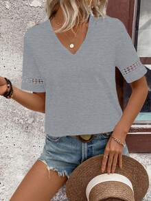 EMERY ROSE Women's Casual Solid Color Short Sleeve T-Shirt, Summer - Grey - View 5