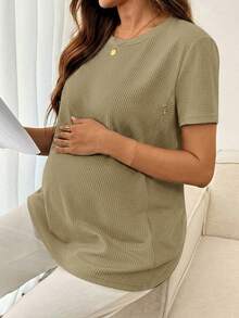 SHEIN Top de uso diario versátil y casual para embarazadas, de unicolor y cuello redondo para lactancia - Verde militar - Ver 3