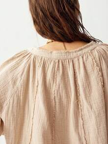 SHEIN BohoFeels Casual Solid Color V-Neck Mid-Sleeve Loose Washed Ladies Blouse Boho Blouses Peasant Blouse Bohemian Tops Peasant Top Linen Blouses For Women - Apricot - View 4