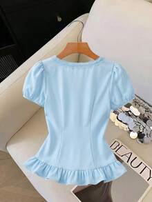 GlowEve Women's V-Neck Ruffle Trim Vacation Blouse - Baby Blue - View 2