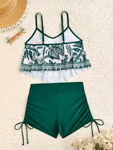SoleilVie 2pcs/Set Printed Spaghetti Strap Bikini Top & Handkerchief Hem Bottoms - Green - View 4