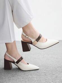 CUCCOO BIZCHIC 女士时尚高跟鞋 搭扣粗跟 PU 材质 全球四季通勤优雅基础款 节日度假办公户外服饰 - 珍珠白 - 查看 4
