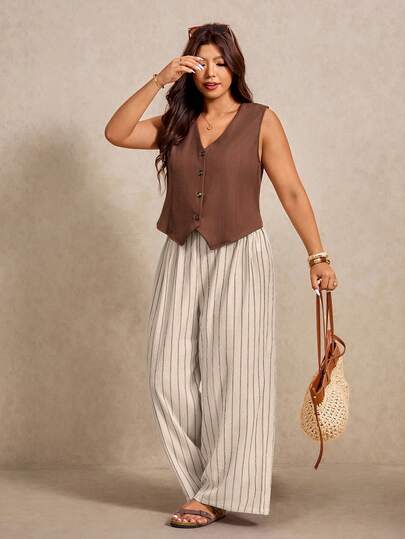 Elaquor Damen Große Größen Outfit aus einfarbiger Weste mit Knopfleiste und gestreifter Hose, Casual