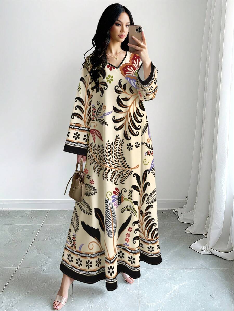 SHEIN Najma 椰树图案碎花长裙,V领长袖碎花连衣裙,优雅碎花长裙,浅杏色碎花图案连衣裙,波西米亚风女装 - 彩色 - 查看 1