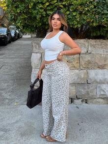 Maria Perezxox Women's Leopard Print Pocket Wide Leg Loose Casual Versatile Jeans - Beige - View 5