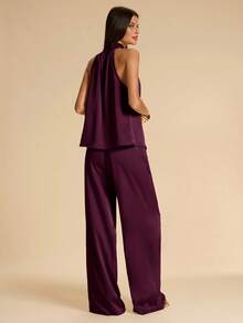 SHEIN BAE Áo hai mảnh màu kaki nhạt cổ yếm phối cùng quần palazzo satin, bộ đồ satin 2 mảnh thanh lịch cho mùa hè, trang phục đi chơi, trang phục dự đám cưới, phong cách nữ tính Pháp tinh tế, bộ đồ satin 2 mảnh, bộ đồ satin màu mơ thanh lịch, phong cách quý tộc cổ điển, bộ đồ 2 mảnh dự tiệc brunch - Màu Tím - Xem 2