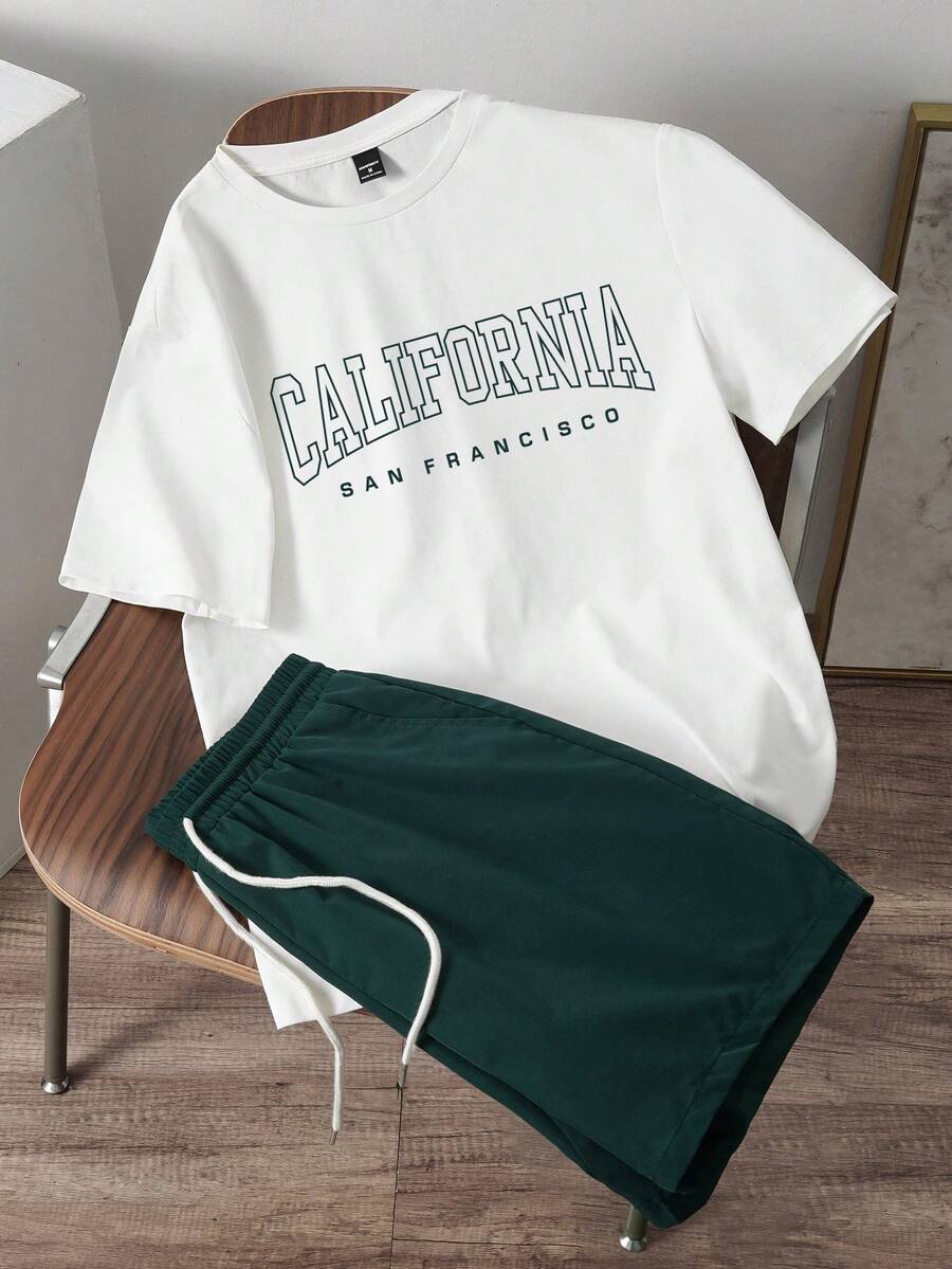 Manfinity Joysei Bộ đồ nam phong cách sinh viên Mỹ, gồm áo dệt kim ôm dáng và quần short dệt màu xanh lá cây, in họa tiết chữ, kiểu dáng thường ngày. - Nhiều màu - Xem 1