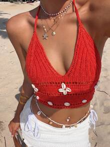 Livesso Spring & Summer 3D Floral Embroidery Crochet Knit Red Camisole Top, Music Festival Sexy Chic, Valentine's Day Wedding Casual Beach Vacation Knit Vest For Women - Red - View 2
