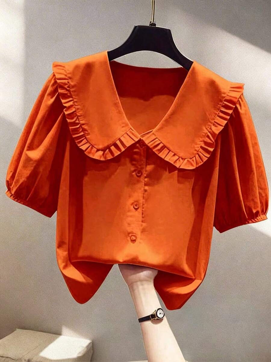 Franclia Camisa suelta de mujer de solapa de Peter Pan, manga de pétalo y abotonadura sencilla, de moda y versátil - Naranja - Ver 1