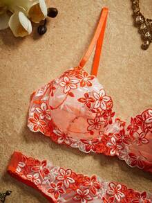 PinupPomp 2pcs/Set Pink Romantic Padded Wire Bra & Panty Set For Women, Lingerie - Orange - View 4