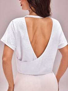 SHEIN Sovereign Charm 女士纯色简约日常短袖柔软运动T恤 - 白色 - 查看 2