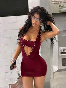 StreetHx Women's Punk Rock Rivet Deep V-Neck Backless Bodycon Mini Dress - Burgundy - View 3