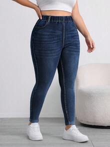 SHEIN Tall CURVE 大码弹力腰紧身牛仔裤，休闲夏季优雅日常穿搭，大码高弹力修身弹力腰百搭日常牛仔裤 - 深色水洗藍 - 查看 3