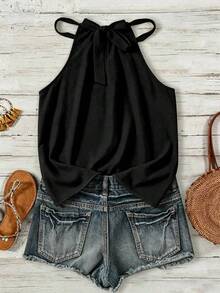 EMERY ROSE Solid Black Casual Versatile Women Summer Sleeveless Spaghetti Strap Tank Top - Black - View 2