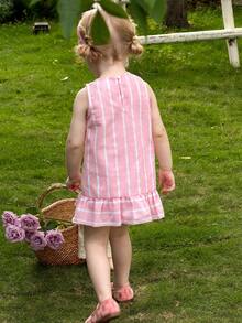 LMoss Kids Đầm không tay cổ tròn kẻ sọc hồng cho bé gái, kiểu dáng thường ngày. - Hồng - Xem 2
