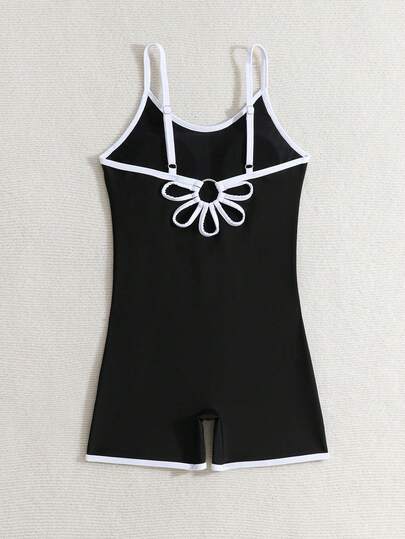 Tween Girls' Colorblock Camisole Romper Swimsuit, Suitable For Swimming, Summer Vacation, Beach, Pool, Party
