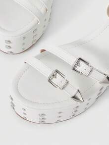 ROMWE Grunge Punk Women's Shoes Rivet Buckle White Fashion Wedge Heel Platform Sandals Summer Shoes - White - View 5