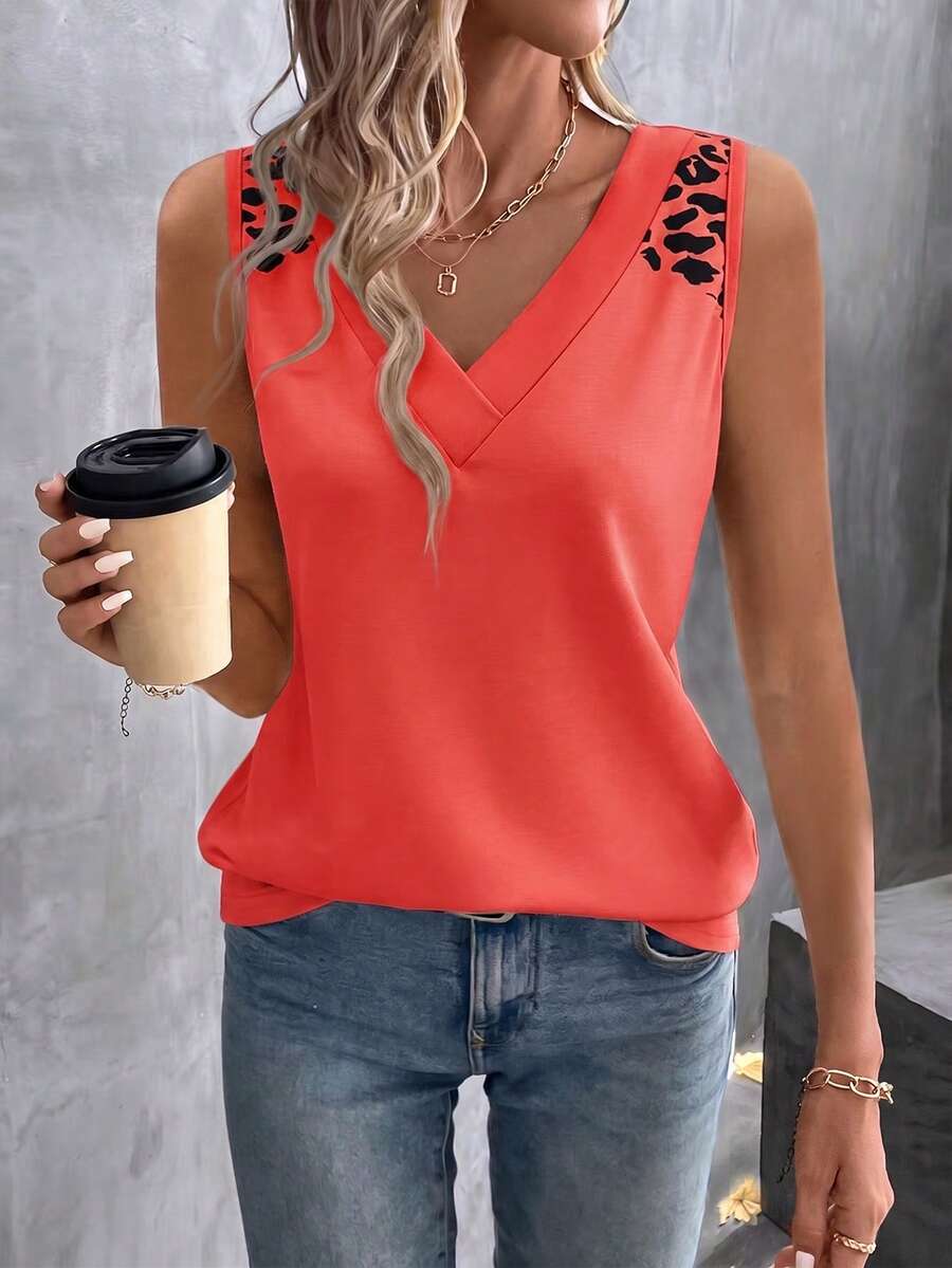 EMERY ROSE Fashionable Casual Basic Retro Neon Red V-Neck Sleeveless Top With Leopard Print Shoulder - Multicolor - View 1