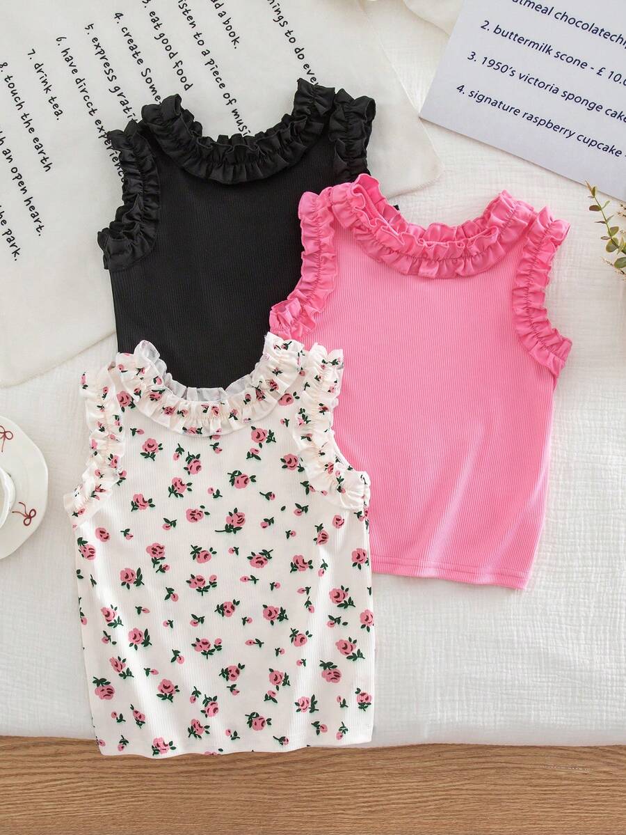 SHEIN Genkimix Kids Bộ 3 món cho bé gái: Áo tank top xếp ly màu trơn cho mùa hè - Hồng, Trắng & Đen - Nhiều màu - Xem 1