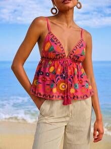 Travachic Áo camisole nữ cỡ lớn in hoa, kiểu dáng thường ngày, buộc dây phía trước, đa năng, thích hợp mặc hàng ngày. - Nhiều màu - Xem 4