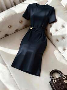 SHEIN Franclia Đầm ngắn tay cổ tròn ôm sát màu mơ thanh lịch và giản dị dành cho nữ, có khóa kim loại điều chỉnh eo, thích hợp mặc hàng ngày/dịp Tết Dương lịch/trang phục công sở/trang phục đi làm/kỳ nghỉ thư giãn - Màu xanh hải quân - Xem 6