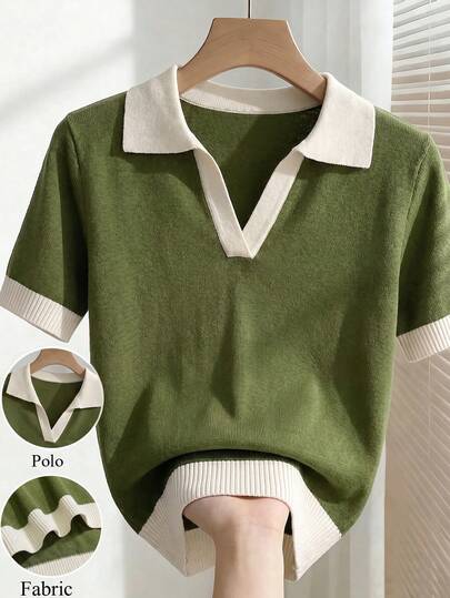 Franclia Women's Colorblock Casual Polo Collar Short Sleeve Fitted Knit Top, Suitable For Daily Wear, Summer Vacation, Spring, Elegant Ladies' Casual Versatile Collared Short Sleeve Knit Top, Women's Summer Outfit, Outdoor Wear, Beach Outfit, Women's Spring Outfit, Ladies' Vacation Outfit, Women's Casual Summer Green Top, Ladies' Knit Top, Women's Summer Top, Office Wear