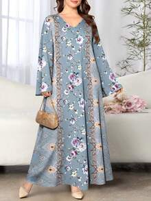 SHEIN Najma 花卉藤蔓蕾丝花边印花加大码女式连衣裙，女士时尚V领长袖长款连衣裙，优雅正式礼服，春夏款 - 彩色 - 查看 1