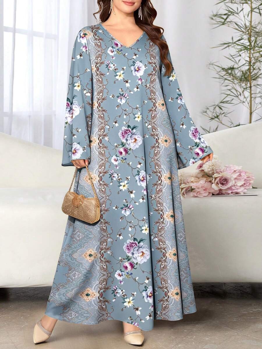 SHEIN Najma 花卉藤蔓蕾丝花边印花加大码女式连衣裙,女士时尚V领长袖长款连衣裙,优雅正式礼服,春夏款 - 彩色 - 查看 1