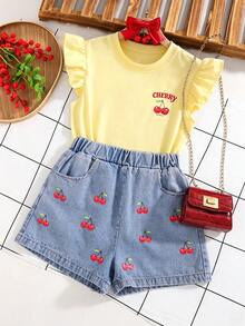SHEIN Bộ đồ cho bé gái tuổi teen: Áo tay ngắn in hình quả anh đào và quần short denim có túi. - Màu vàng - Xem 3
