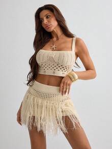 SHEIN Fringed Crochet Fringe Crop Top And Mini Skirt Beach Set - Apricot - View 4