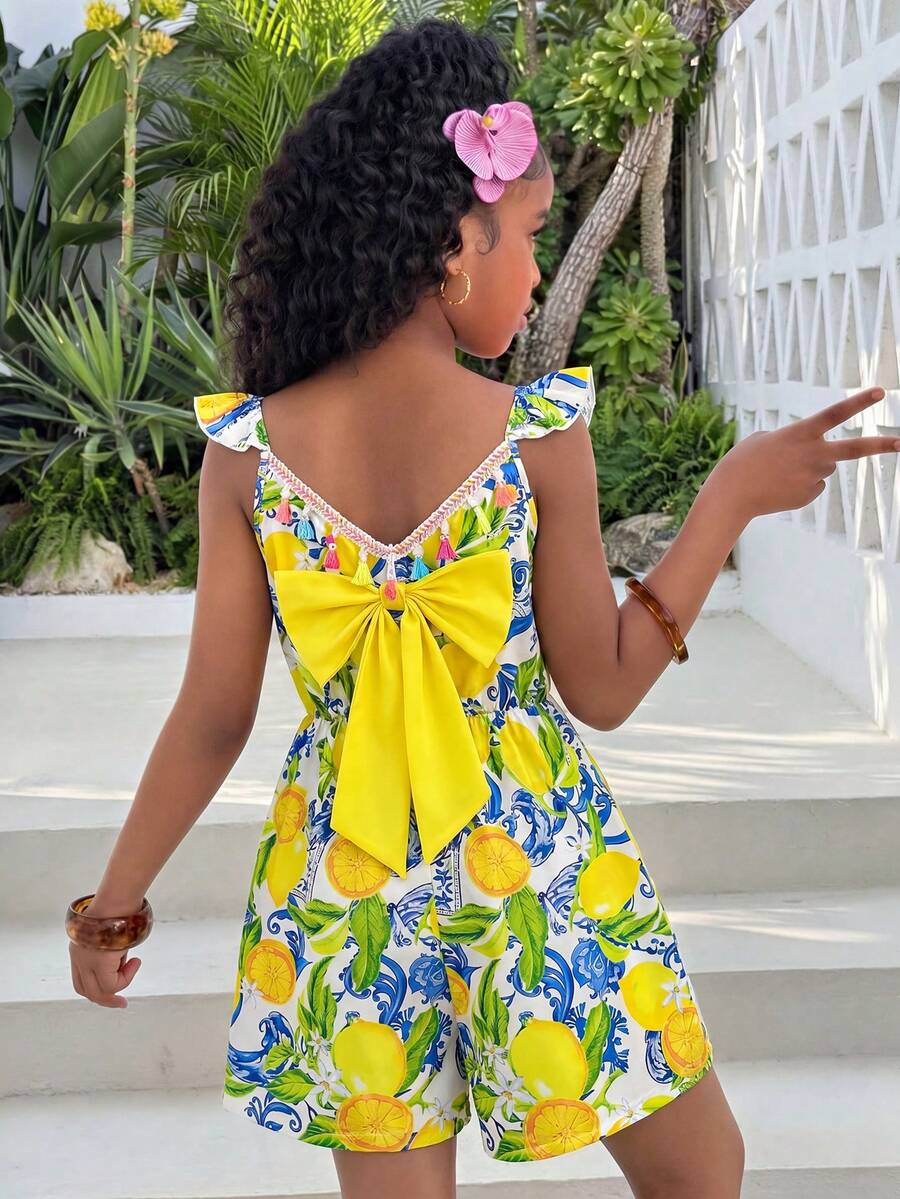 Girls Casual Cute Bow Ruffle Sleeve Romper, Summer - Yellow - View 1