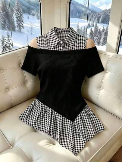 GlowEve CURVE Blusa elegante y casual para mujer de talla grande, de tela de punto a cuadros en blanco y negro con diseño de patchwork, de manga corta con hombros descubiertos, con dobladillo asimétrico, adecuada para el trabajo y eventos elegantes. Camisa de verano para mujer de talla grande, ideal para usar en la playa o de paseo.