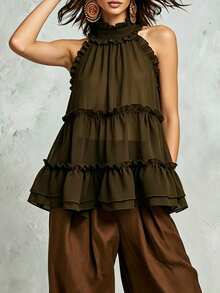 LUMIGAL Áo hai dây cổ yếm xếp tầng bằng vải chiffon dáng rộng dành cho nữ, thích hợp cho mùa hè. - màu nâu - Xem 3